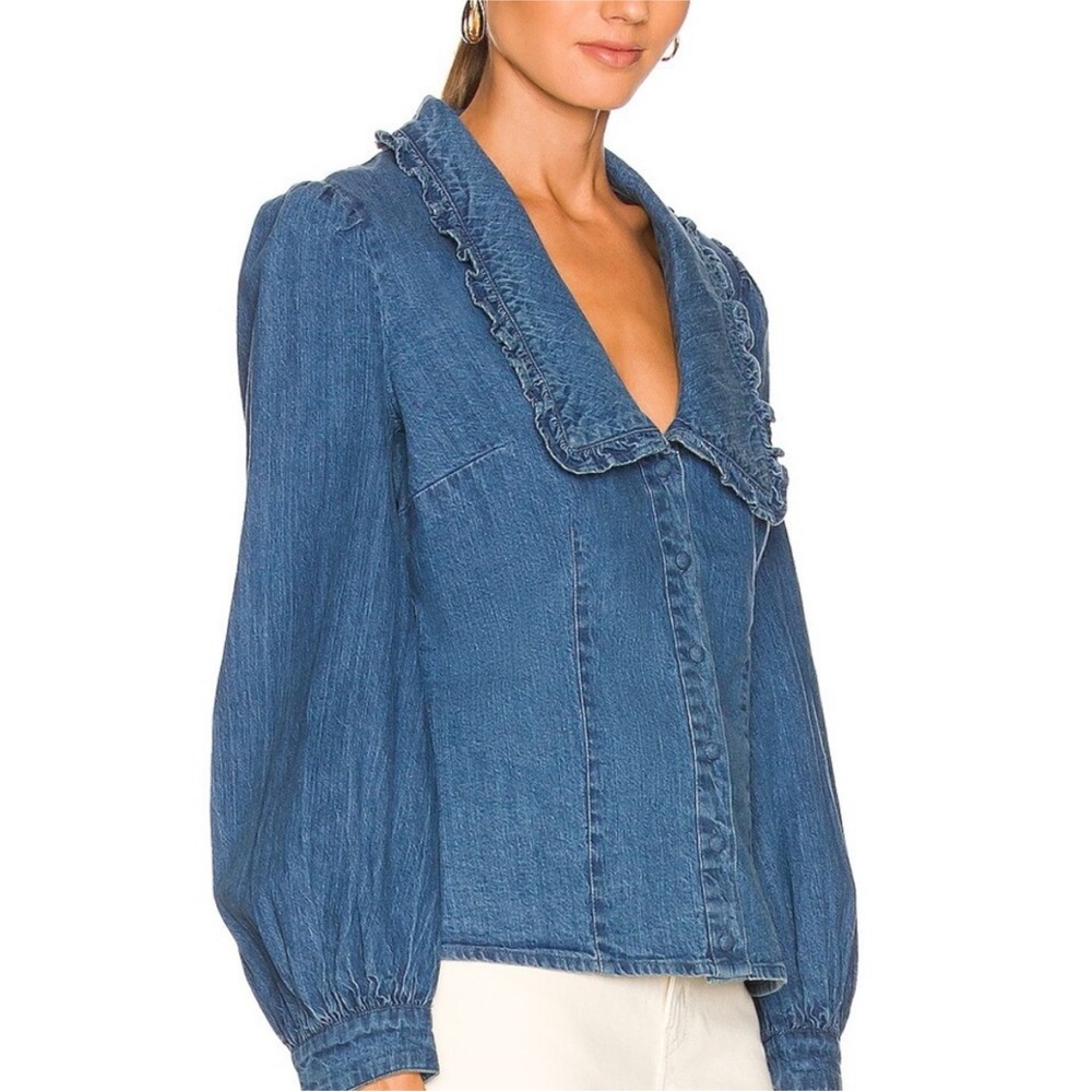 Bardot Chambray Blouse with Ruffled Collar
